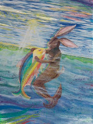 junge kunst online arttrado kunst kaufen Spielende See-Häsin mit Regenbogenfisch von Petra Wenski-Hänisch
