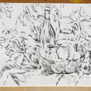 Stillleben mit Obstschale by Dagmar Schauer aus Waidhofen/Ybbs - mit Tusche schraffiert - Kunst entdecken und kaufen auf ARTTRADO Stadtansicht
