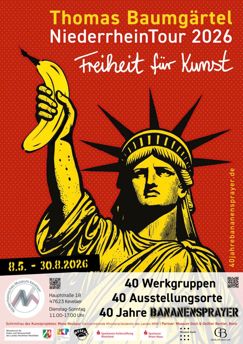 Thomas Baumgärtel Vernissage am 8. Mai 2026. Start der Niederrheintour: Urban Pop Art und „Grauen Bildern“ Niederrheinisches Museum Kevelaer. Startschuss für ein Kunstprojekt der besonderen Art: Thomas Baumgärtel eröffnet seine Niederrheintour 2026 in Kevelaer – und setzt ein starkes Zeichen für Freiheit in der Kunst.